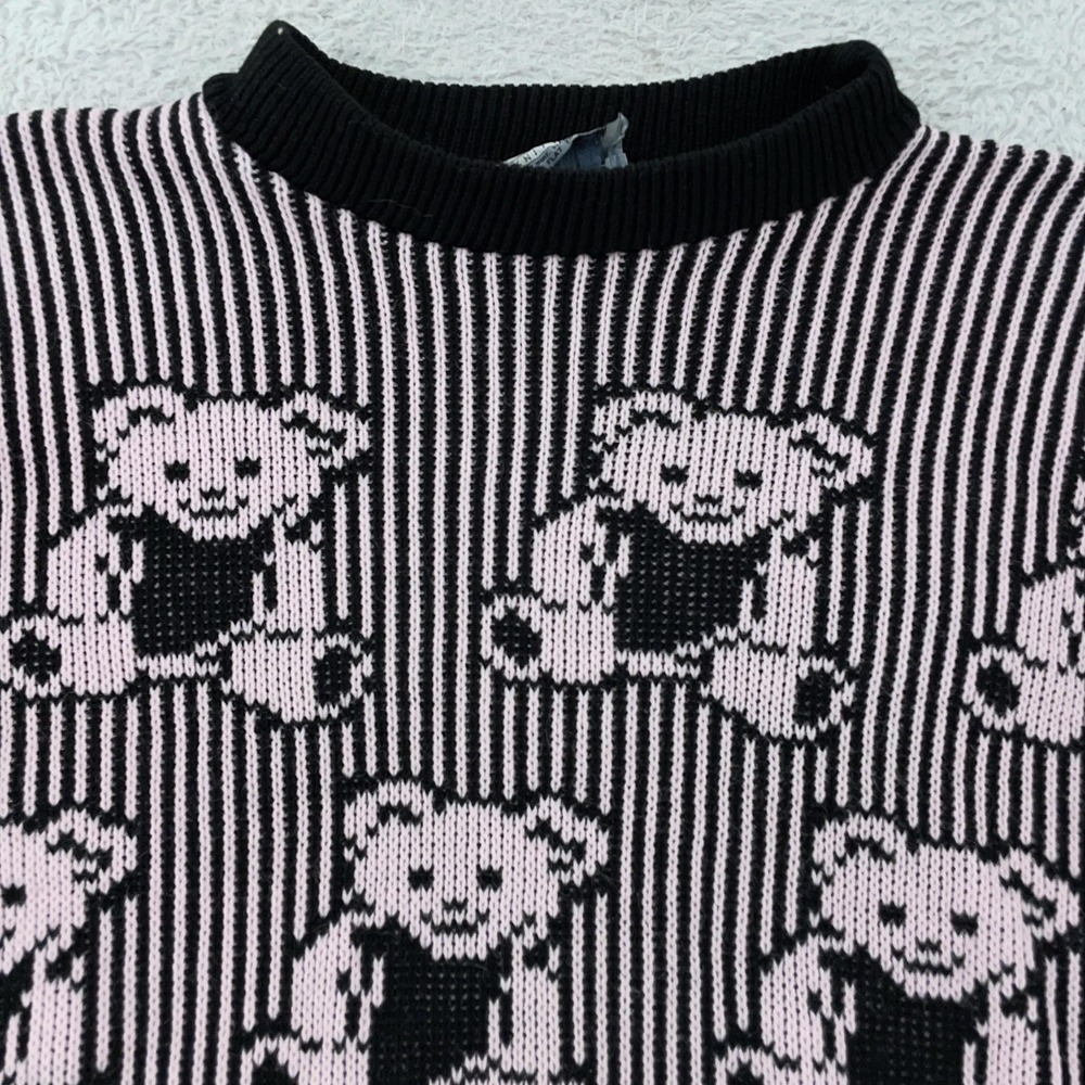 Vintage‎ Adele Sweater Womens CROP FIT Small Black Pink Teddy Bear Knit USA 90s